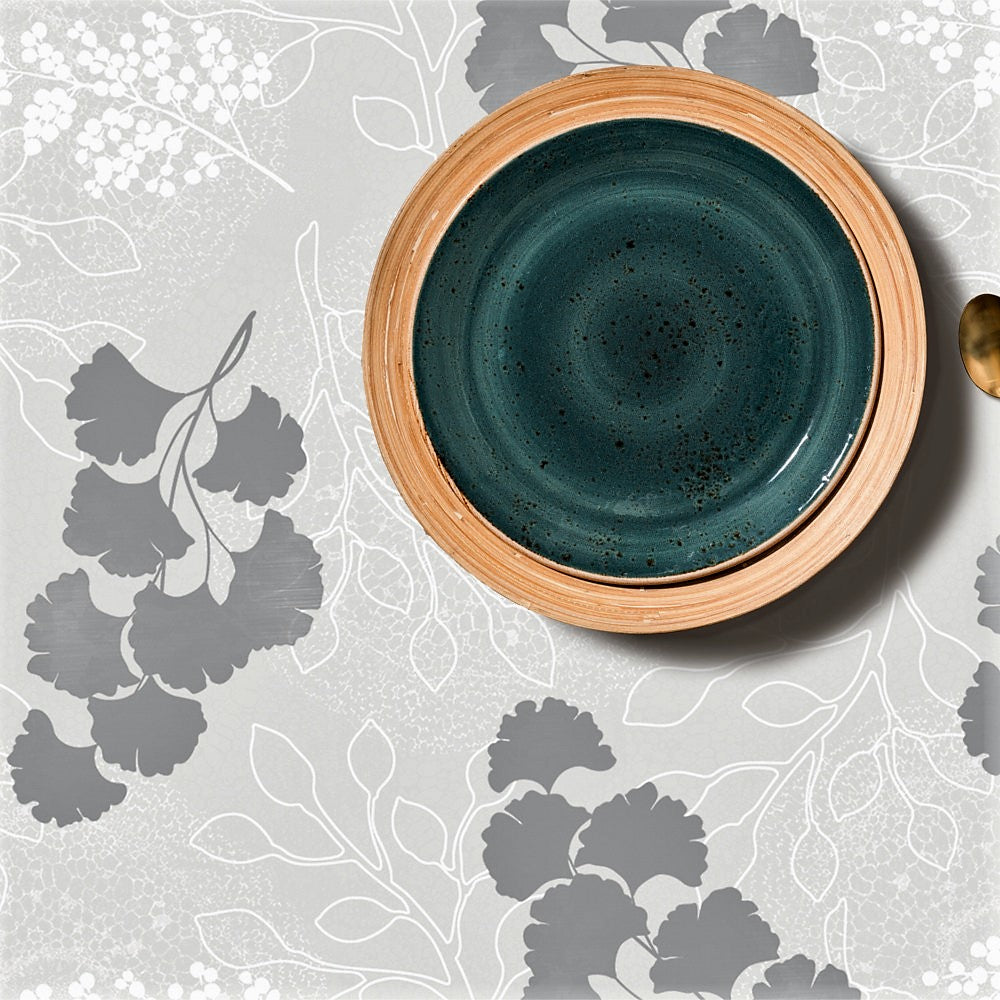 Stilfull Palmera - Vaxduk med streck och blommor i grå toner