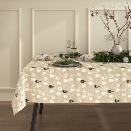 Pau Natur - Jultextilvaxduk i linnelook med julgranar, på bord