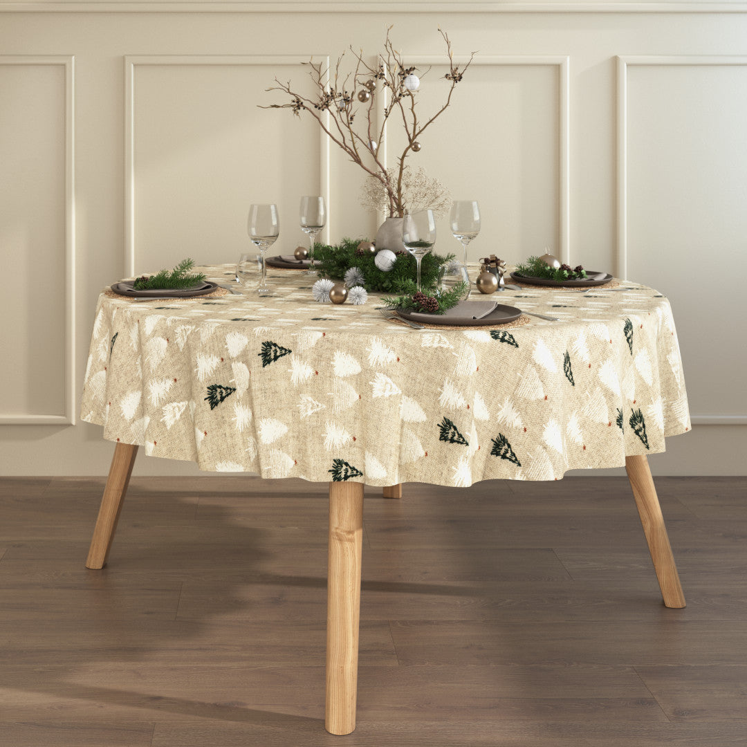Pau Natur - Rund jultextilvaxduk i linnelook med julgranar