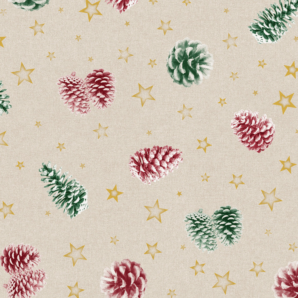 Röda och kröna kottar Närbild Pinas Röd/Grön - jultextilvaxduk