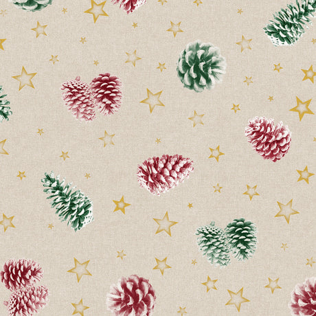 Röda och kröna kottar Närbild Pinas Röd/Grön - jultextilvaxduk