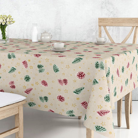 Pinas Röd/Grön - julduk med kottar på en naturfärgad bas  på bord