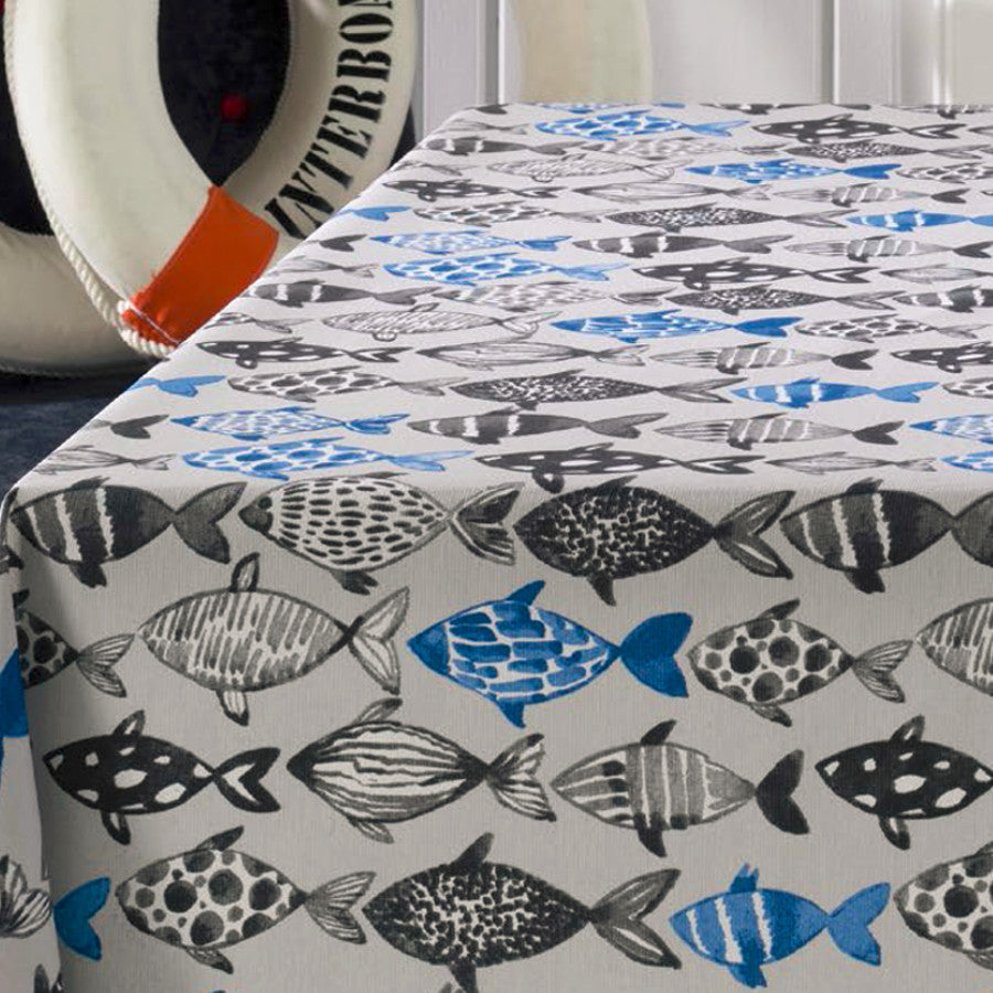 Poussin, textilvaxduk med fiskar, 160 cm bred