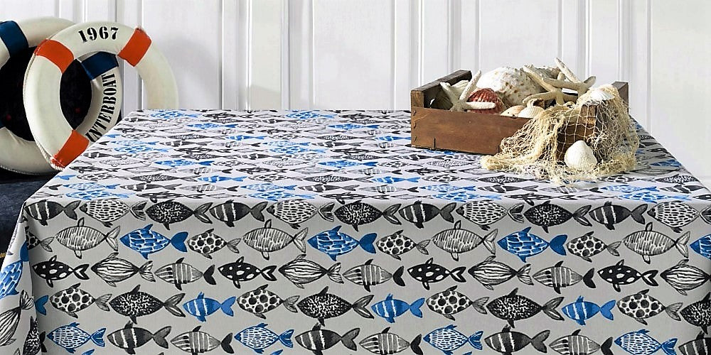 Poussin, textilvaxduk med fiskar, 140 cm bred