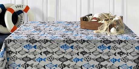 Poussin, textilvaxduk med fiskar, 140 cm bred