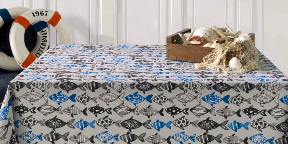 Poussin, textilvaxduk med fiskar, 160 cm bred