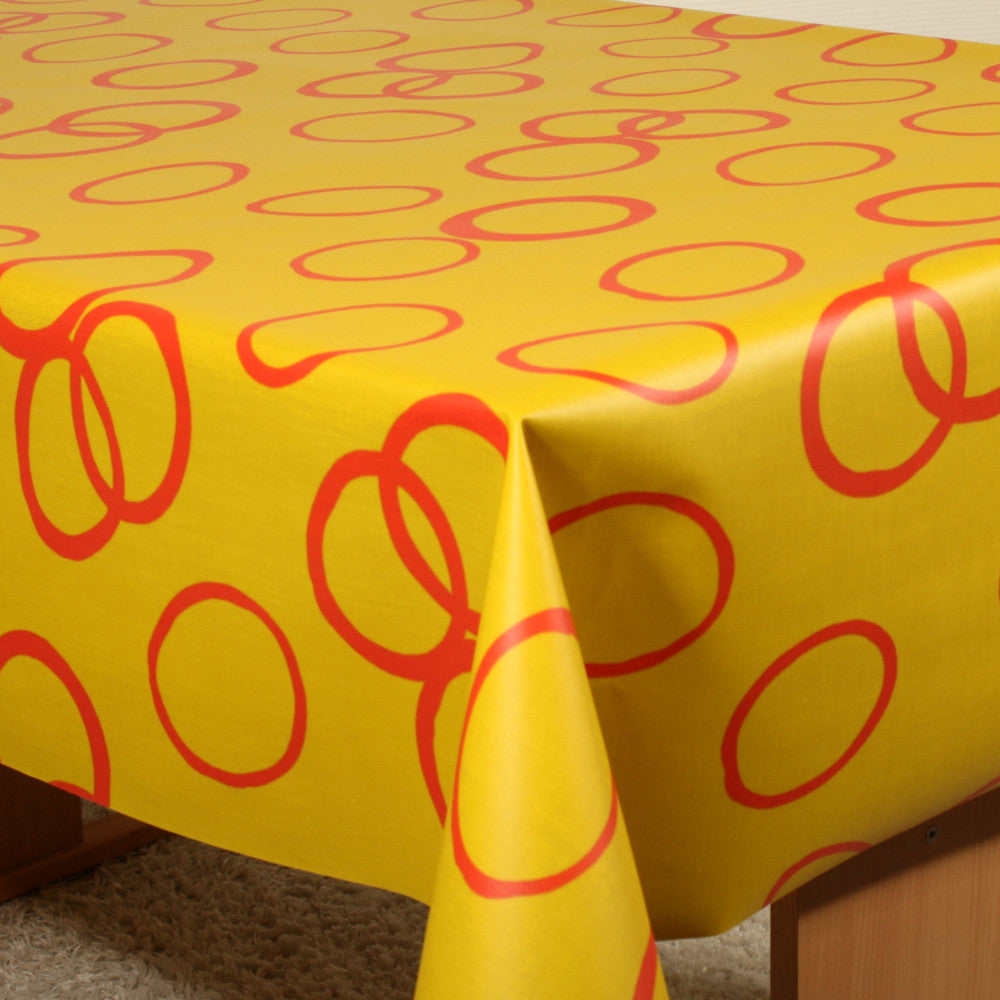 Röda cirklar på en solgul bakgrund– Retro textilvaxduk, 140 cm