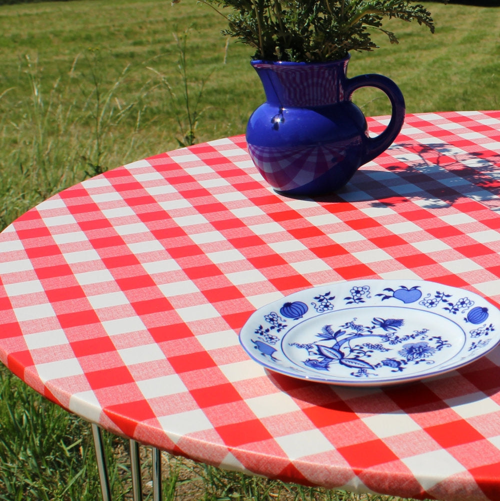 Rød/Vit Rutig rund vaxduk med resår