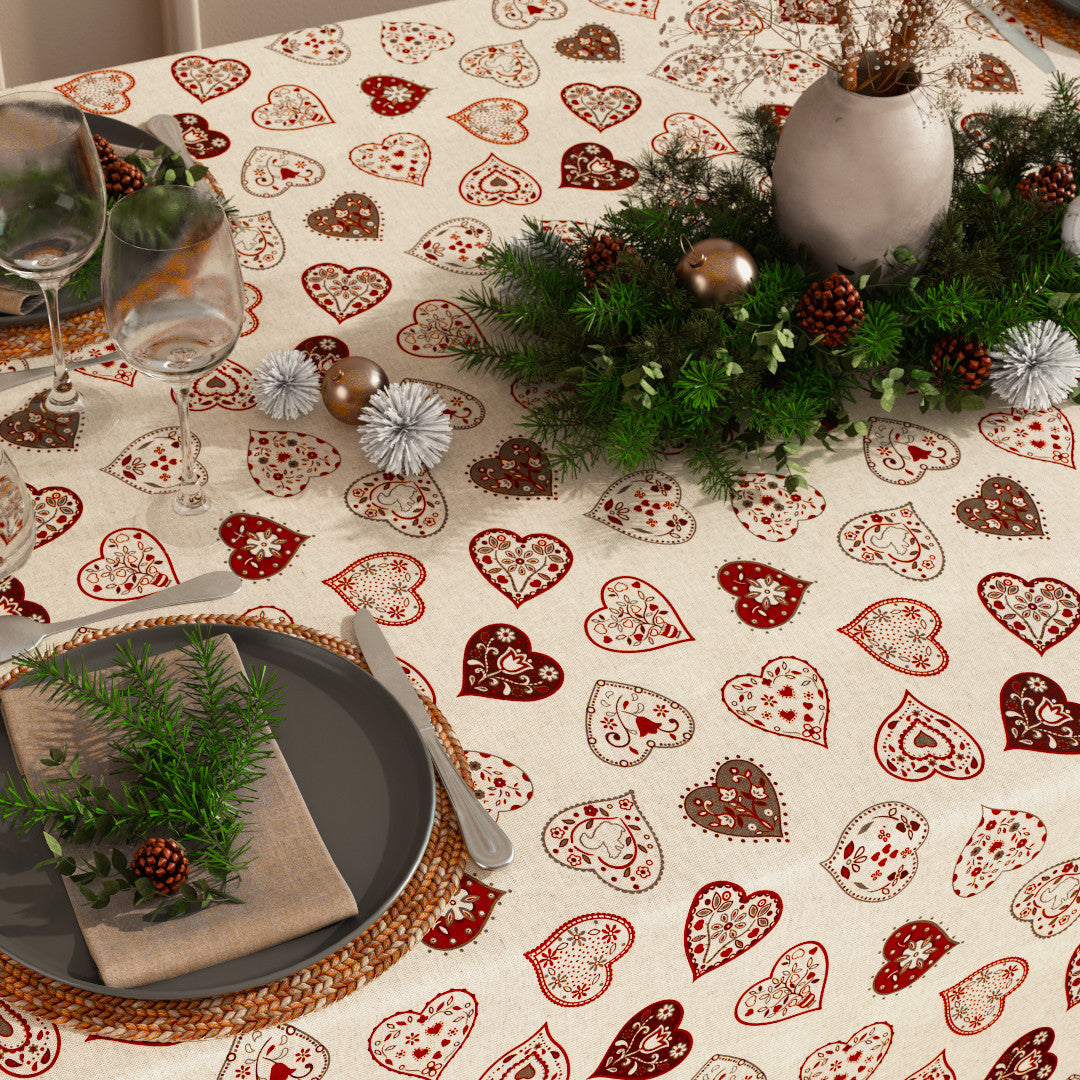 Romantiska Hjärtan i Natur – Textilvaxduk i linnelook, dukat