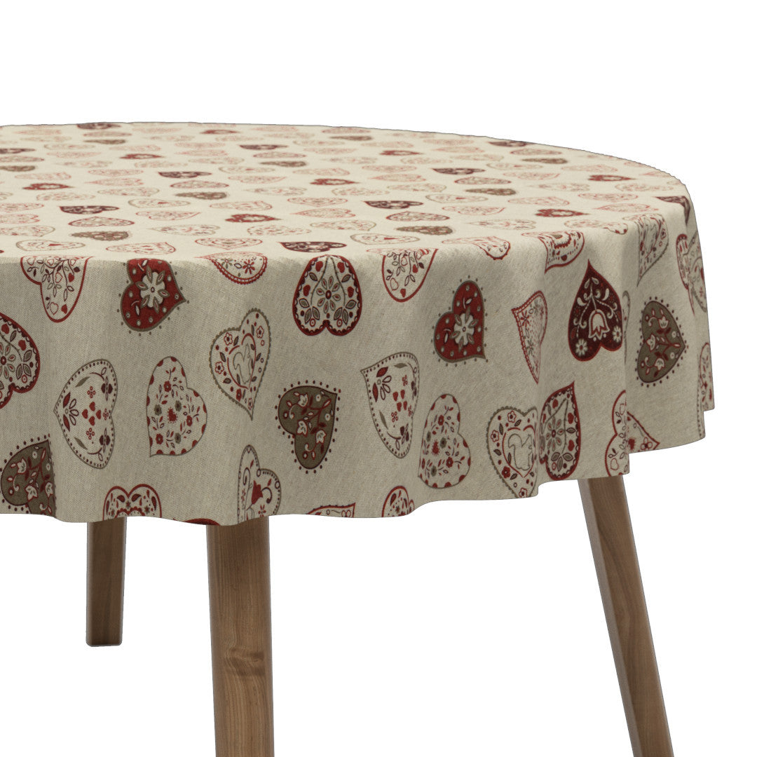 Romantiska Hjärtan i Natur – Rund textilvaxduk i linnelook