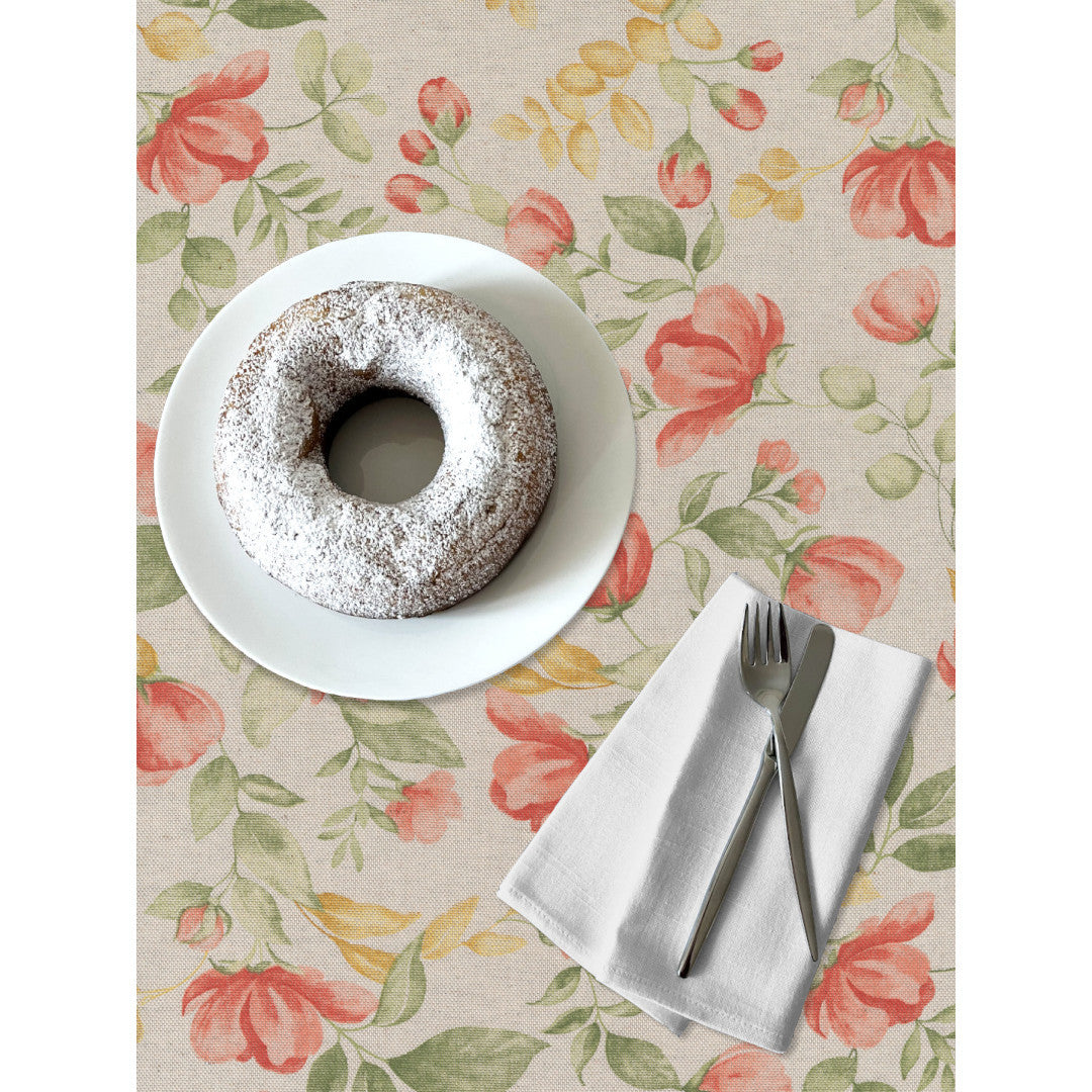 Roselia - Textilvaxduk i linnelook med romantiska blommor på dukat bor4d