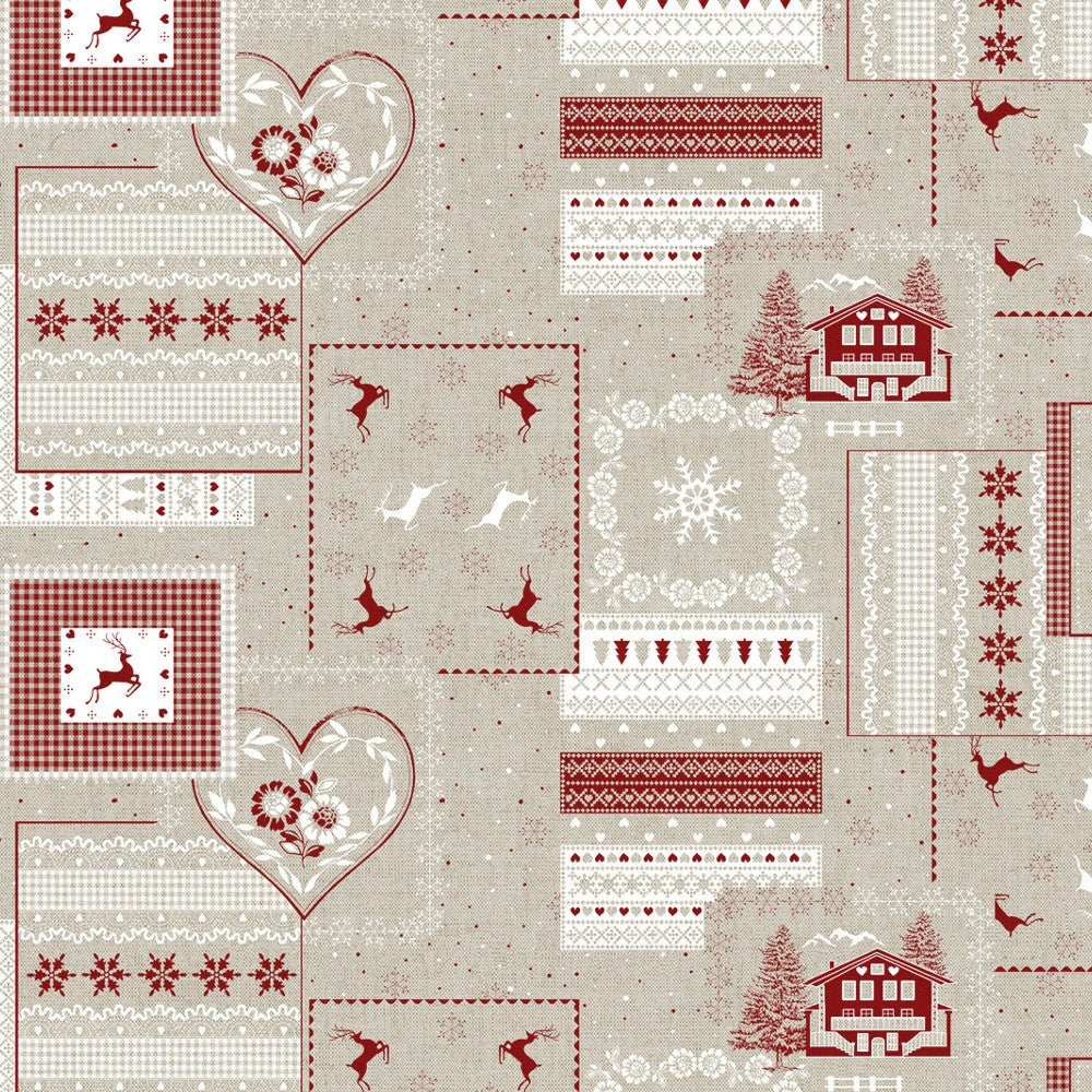 Rudolf - Jultextilvaxduk i rött, vitt och natur