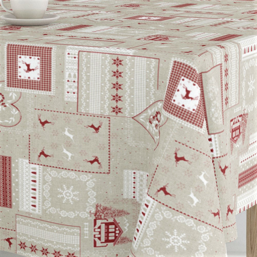 Rudolf - Jul textilvaxduk i rött, vit och natur