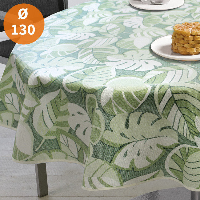 Tropical Leaves Green Ø 130 cm - Rund duk till trädgårdsbordet