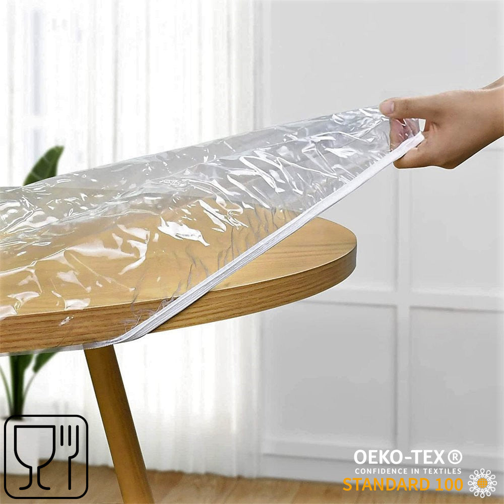 För trädgårdsbordet – Rund genomskinlig vaxduk med resår