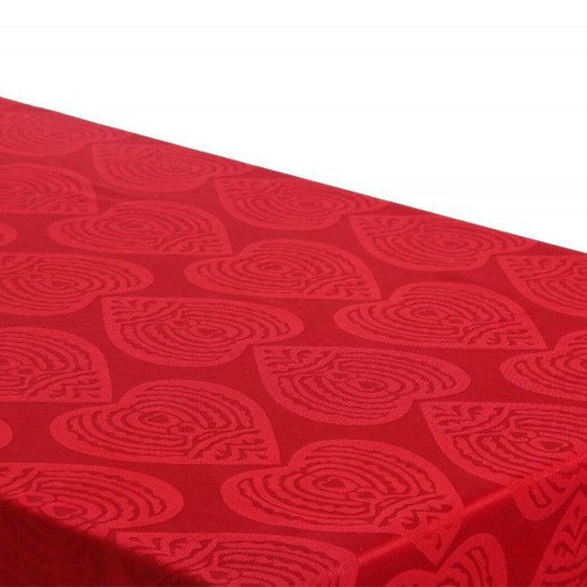 Rund damastvävd julbordsduk - Damast Hearts röd, Ø 300 cm