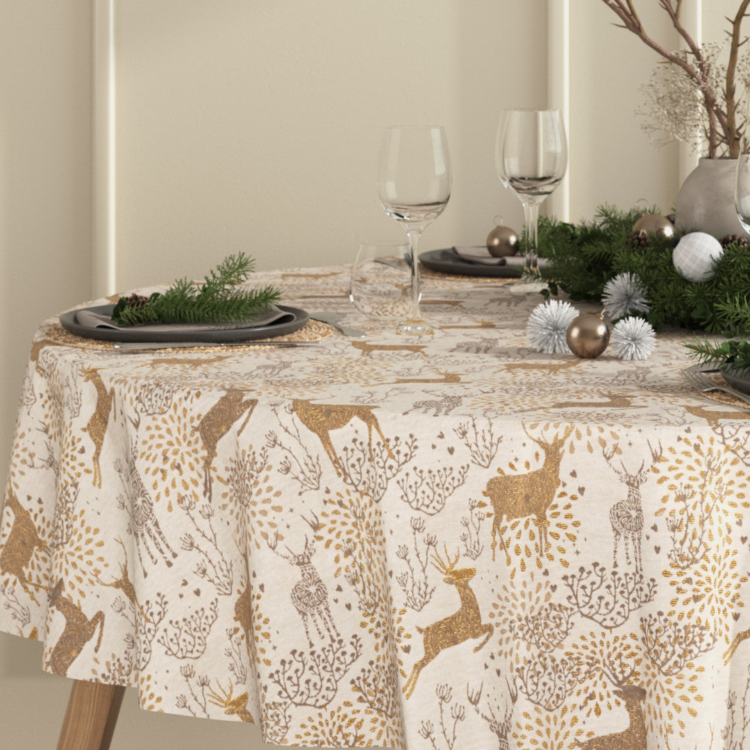 Rund julbordsduk Golden Reindeers med gyllene dekorativa renar