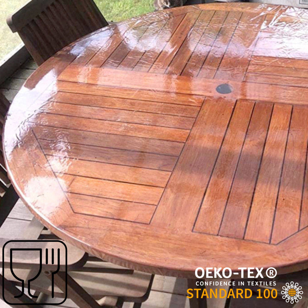 För trädgårdsbordet – Rund genomskinlig vaxduk med resår