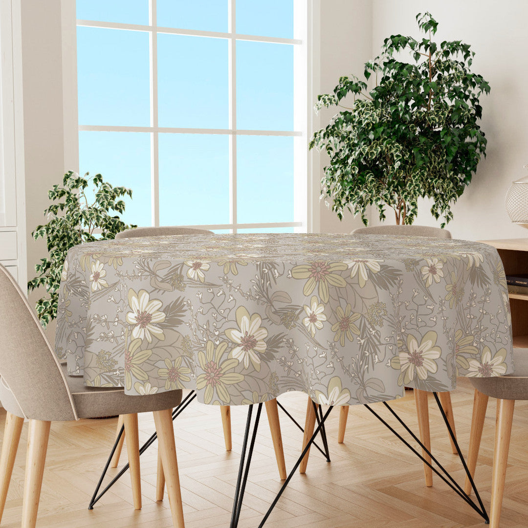 Rund axduk med blommor och blad i pastell färger