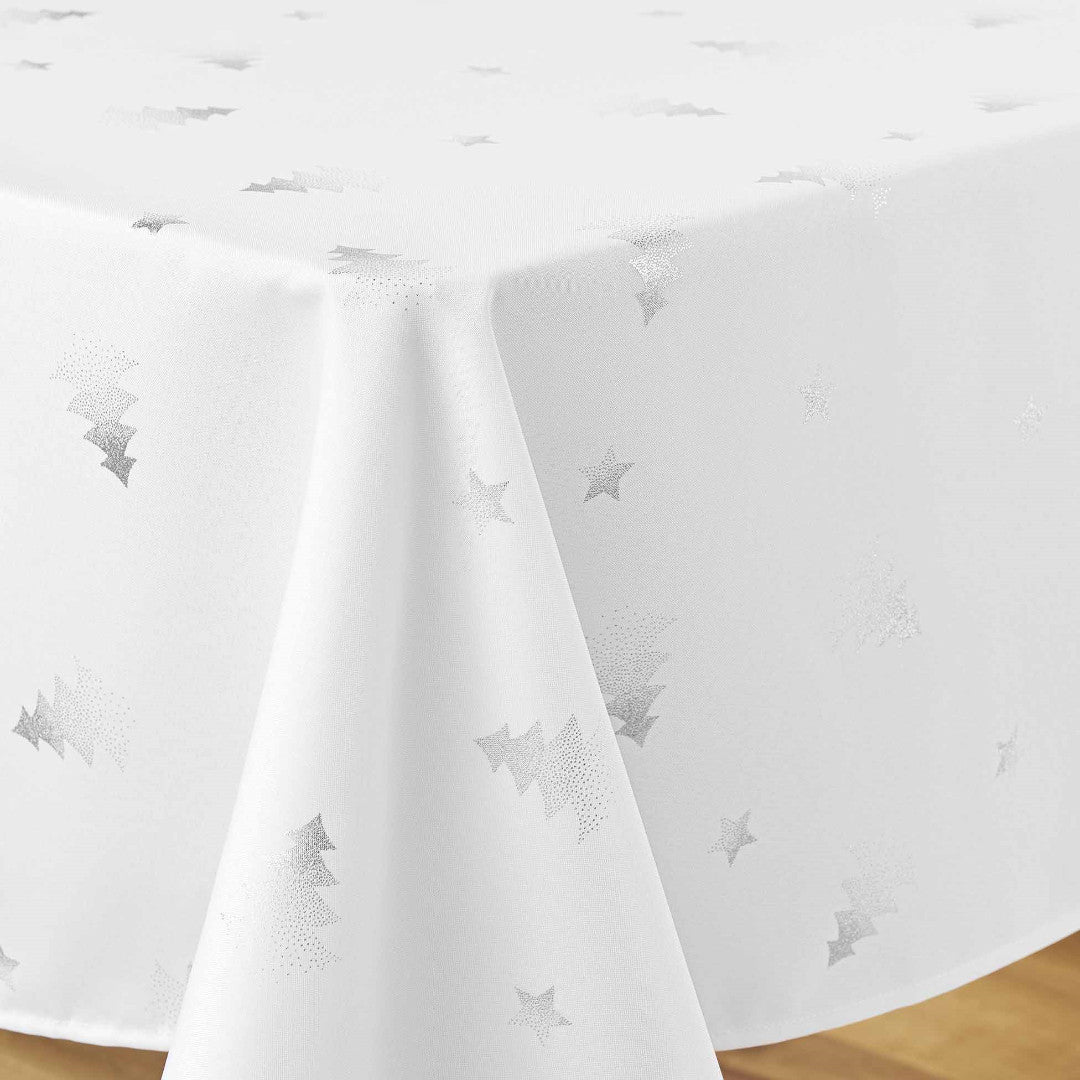 Närbild av hörnet på Safir 240 cm julduk med silvertryck