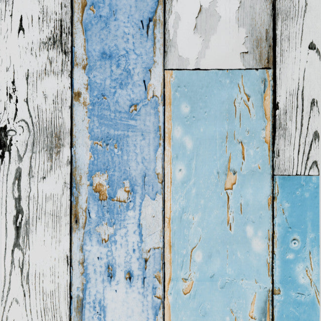 Scrap Wood, vaxduk med trälook, blå/grå närbild