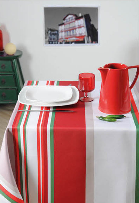 Fransk textilvaxduk med beiga/röda ränder, 155 cm bred