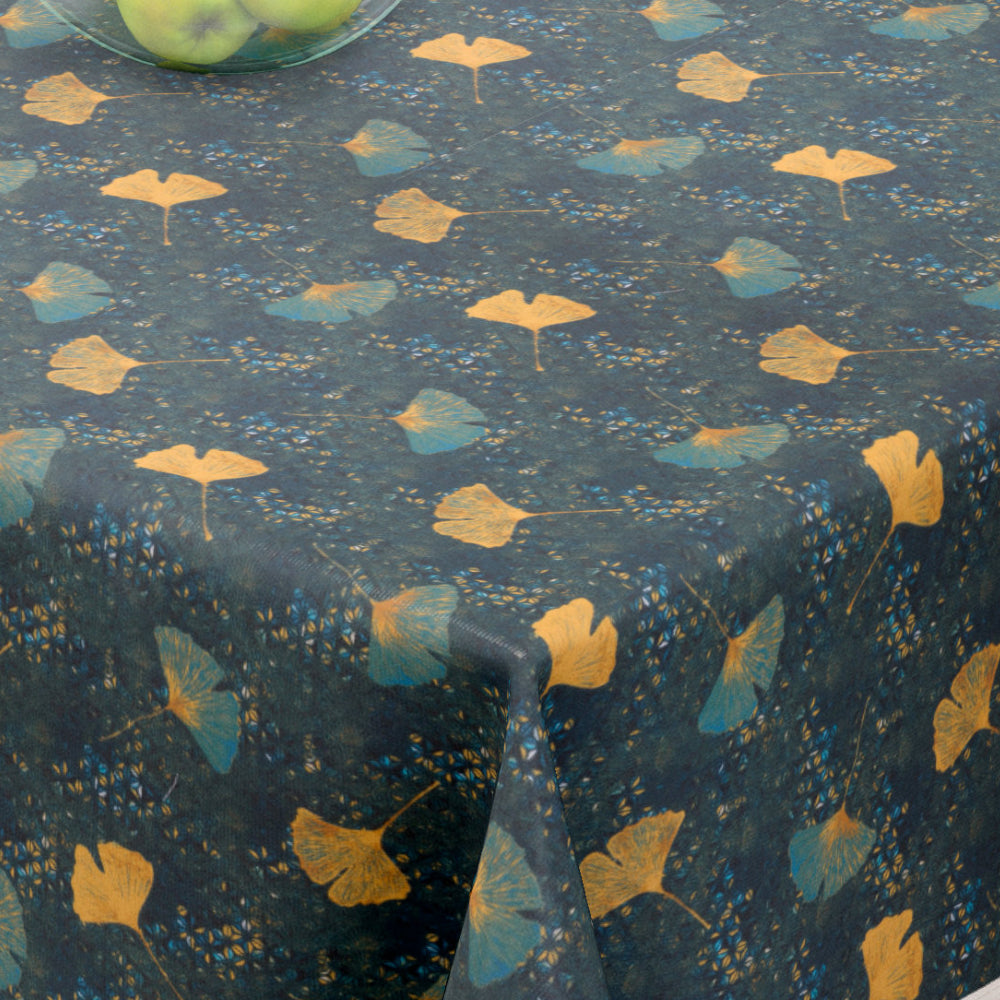 Shandong Petrol - Vackra blad mot mörk bakgrund - 155 cm bred