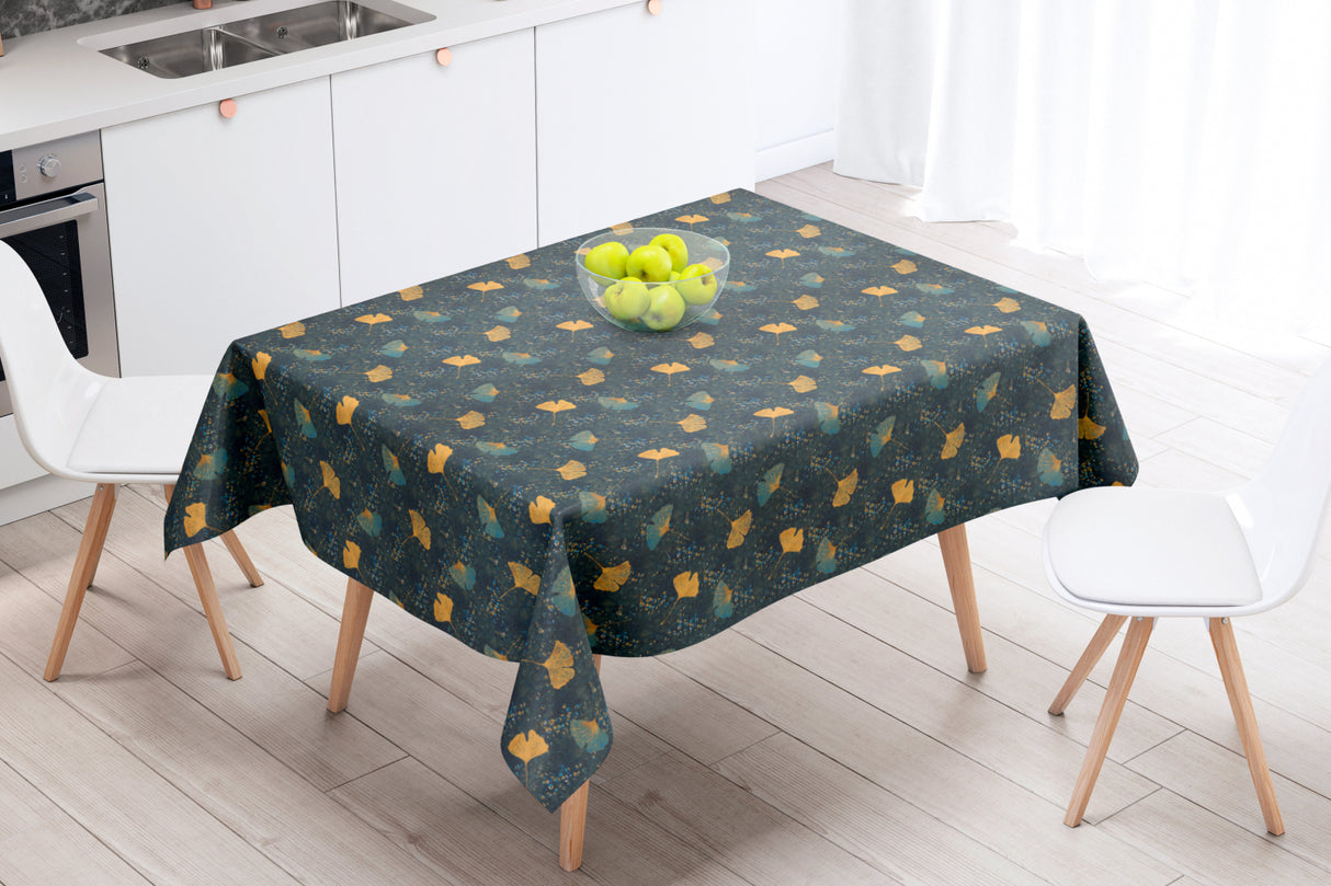 Shandong Petrol - Vackra blad mot mörk bakgrund - 155 cm bred