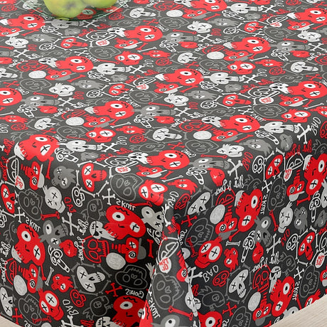 Skull Rød - Textilvaxduk med små dödskallar - 155 cm bred