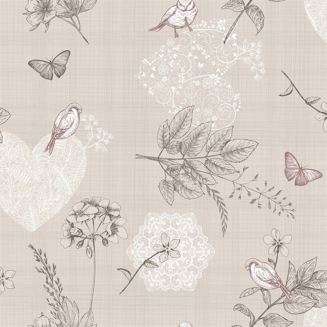 Småfåglar i trädgården - Ljus beige vaxduk med fåglar, fjärilar, blommor och blad