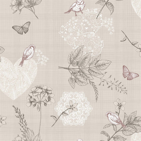 Småfåglar i trädgården - Ljus beige vaxduk med fåglar, fjärilar, blommor och blad