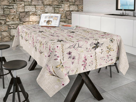 Textilvaxduk med blommor, blad och insekter i linnelook, 140 cm