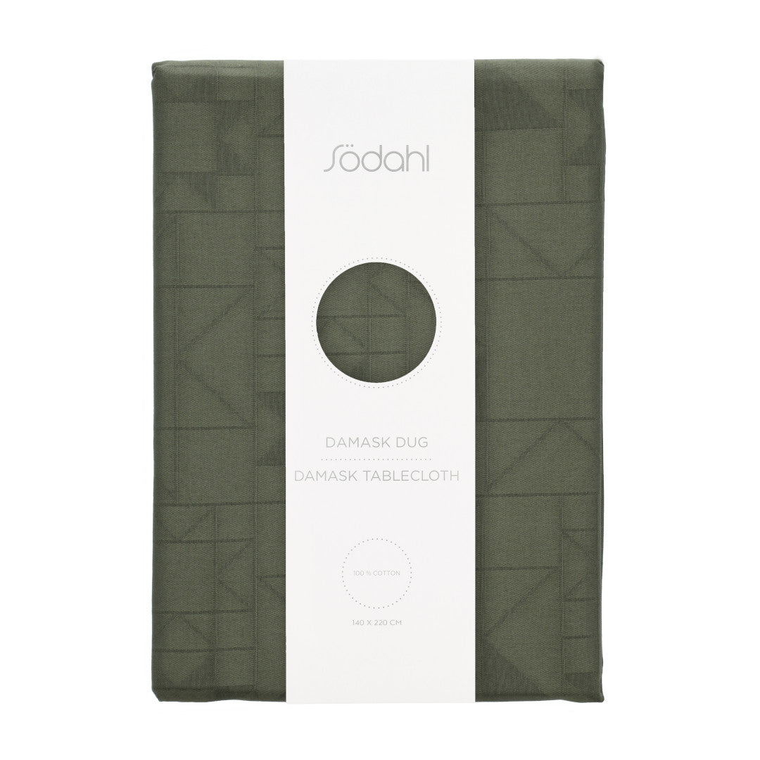 Södahl Star damast julduk i grönt, inslagen med elegant band och etikett 140x370