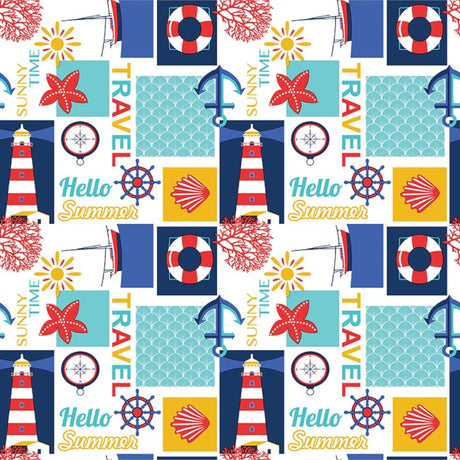 Närbild av Sommar vid havet - Vit vaxduk med maritima motiv