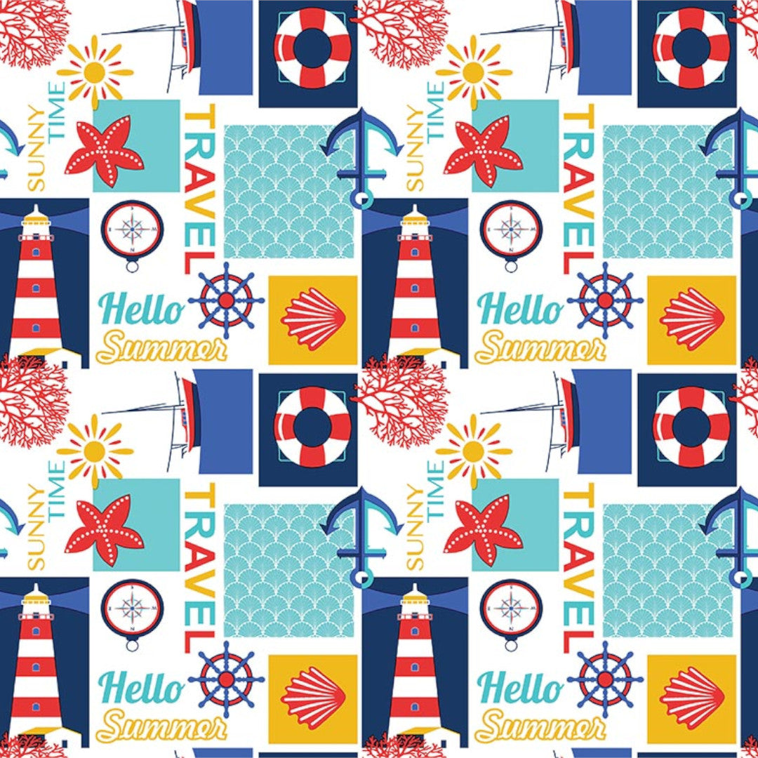 Närbild av Sommar vid havet - Vit vaxduk med maritima motiv