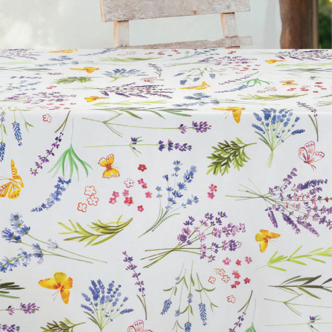 På bordet Sommar och Nektar - Vaxduk med färgglada blommor och fjärilar