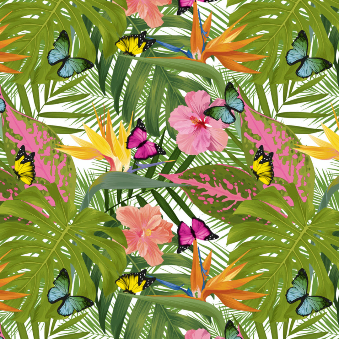 N¨rbild av Fjärilar i tropiskt paradis - Vaxduk med fjärilar och tropiska växter