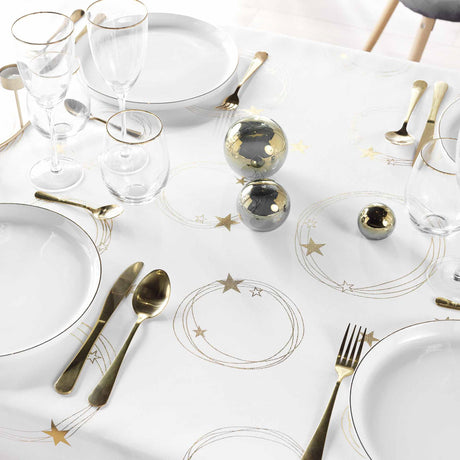 Dukning med Star 150 x 300 cm, vit julduk med guldtryck