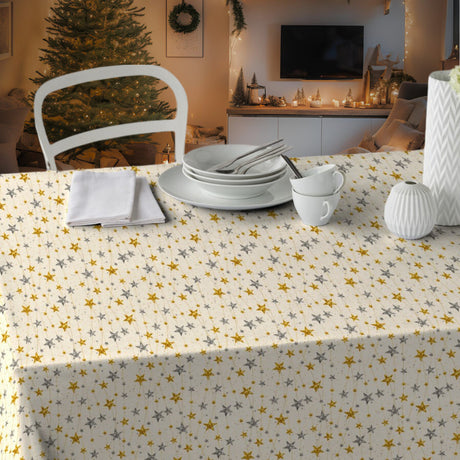 Stele Di Natale - Jultextilvaxduk med stjärnor i guld och silver och julgran