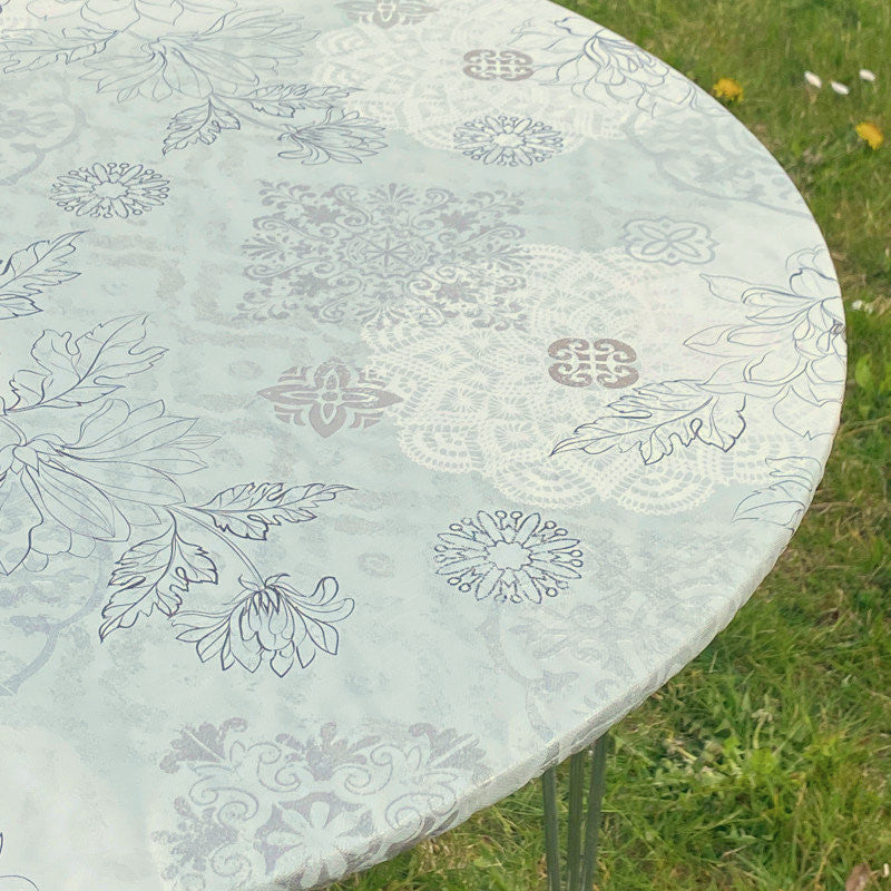 Härliga streckblommor i ljusa färger - Rund vaxduk med resår