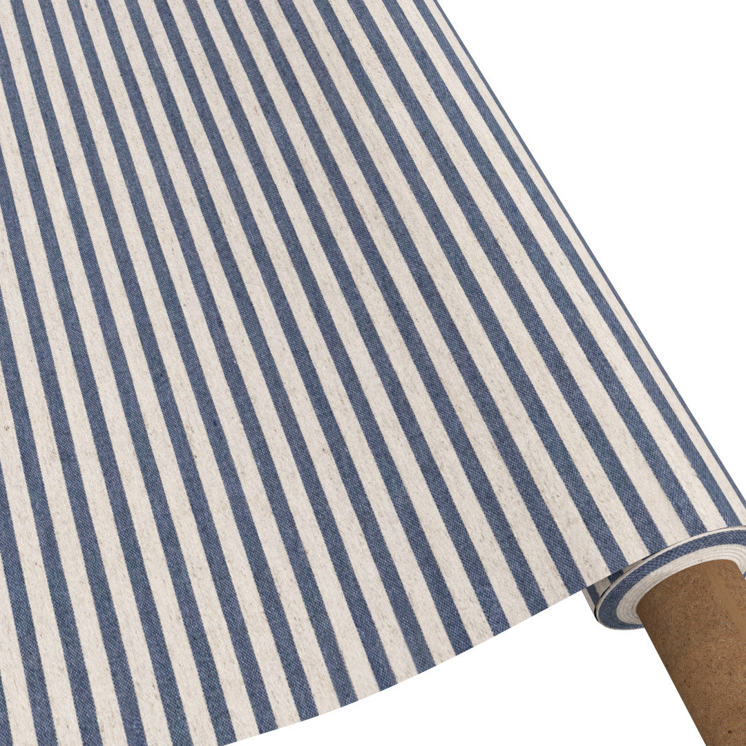 Ränder på tvärs blå - textilduk i linnelook med ränder och glidskydd