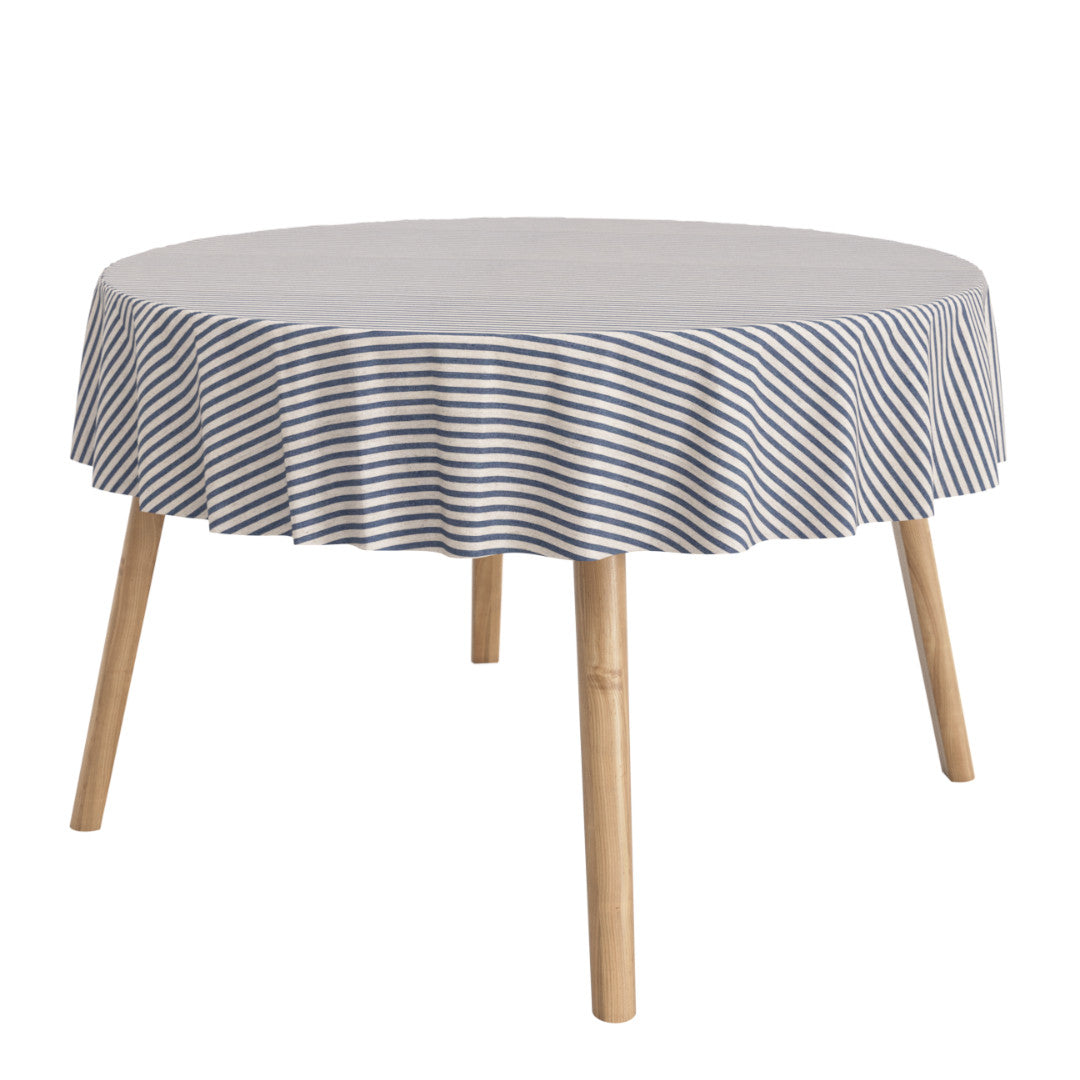 Ränder på tvärs blå -rund textilduk i linnelook med ränder och glidskydd