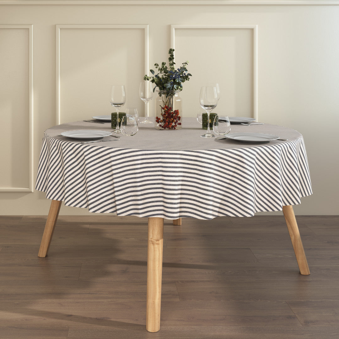 Ränder På Tvärs Grå - textilduk i linnelook med ränder och glidskydd