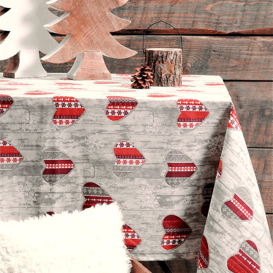 Julduken Taninges i ecru och röd, textilvaxduk med fläckavvisande behandling, 155 cm bred