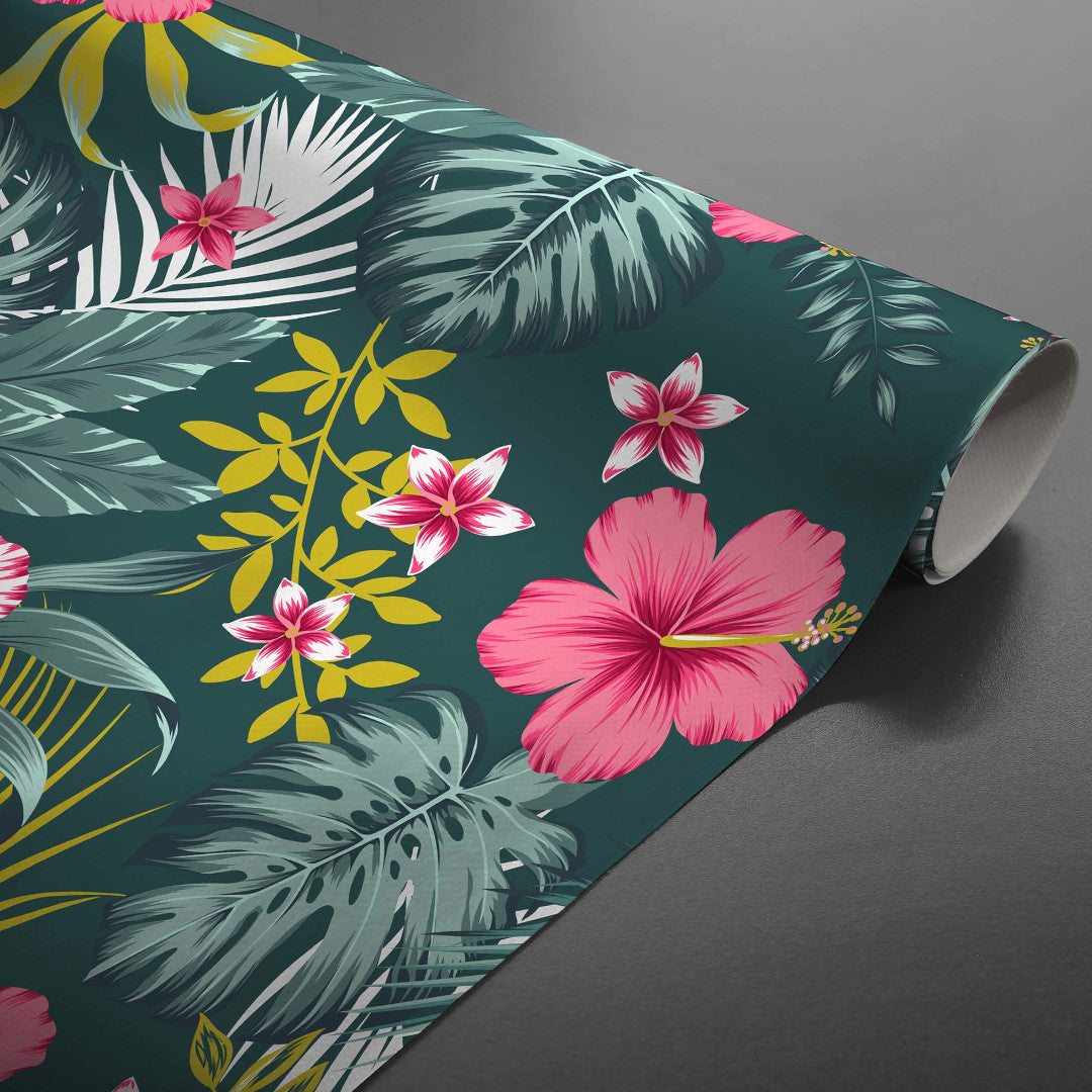 På rulle Textilia Bella - Grön vaxduk med blommor och blad