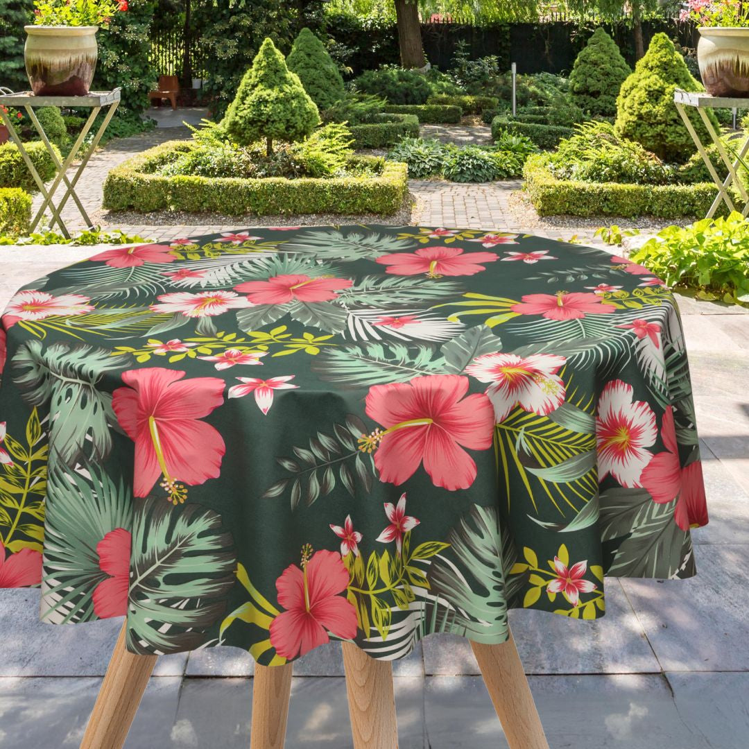 Textilia Bella - Rund grönvaxduk med blommor och blad