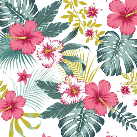 Textilia Bella White - Vit vaxduk med blommor och blad närbild