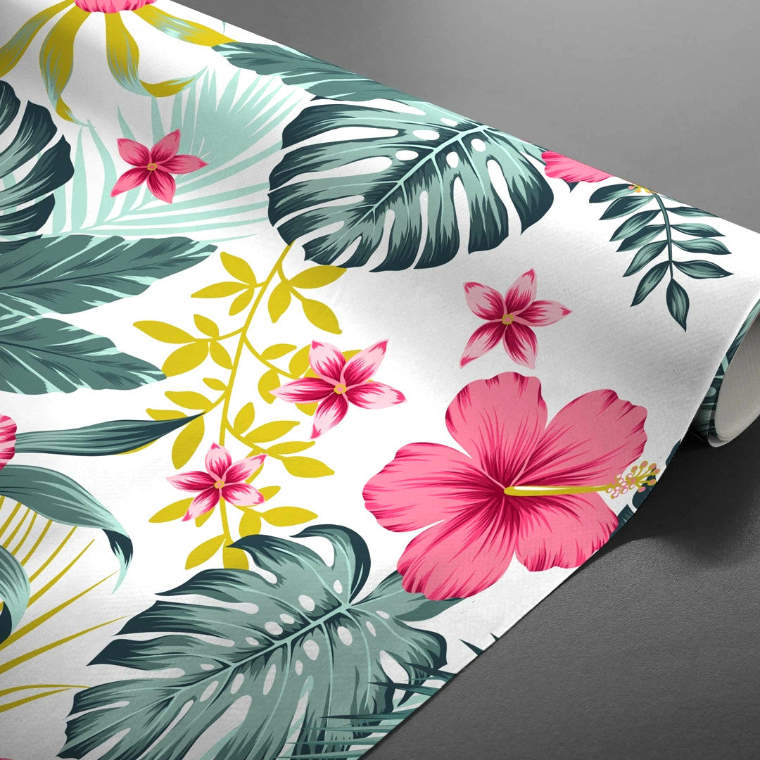 Textilia Bella White - Rund vaxduk medmed blommor och blad