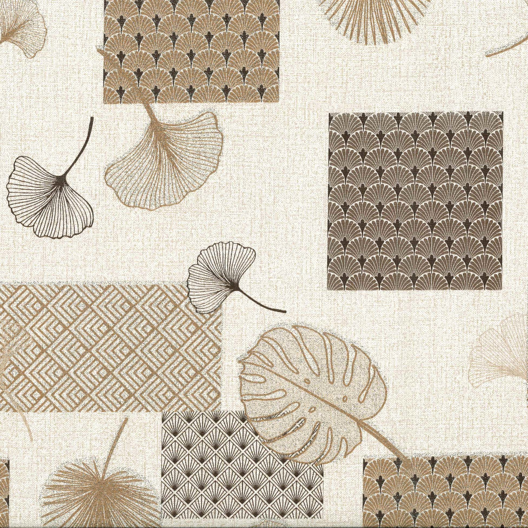 Närbild av Textilia Glitter Rialto - Vaxduk med blad och art deco-inspirerade rutor