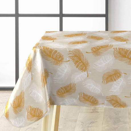 Textilia Glitter Sarina - Vaxduk med vackra fjädrar i silver- och guld på bordet